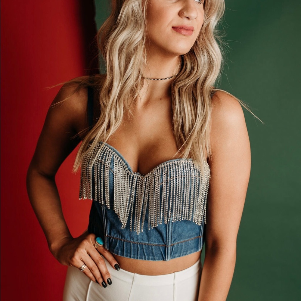 Rhinestone fringed denim bustier